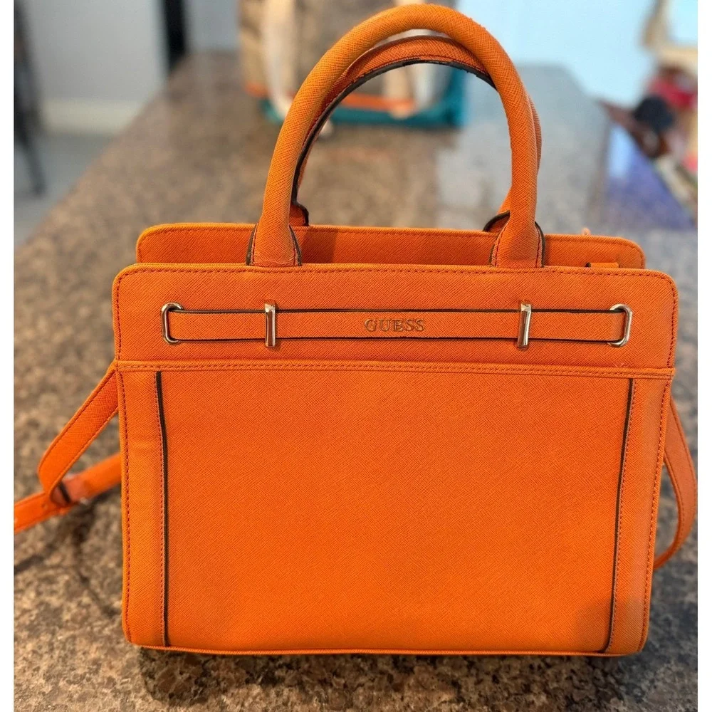 GUESS Orange Saffiano Faux Leather Satchel Crossbody Bag‎ Gold Hardware